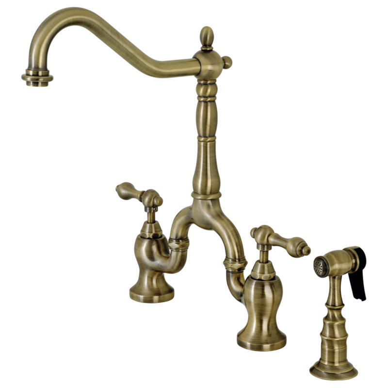 Kingston Brass English Country Two-Handle 3-Hole Deck Mount Bridge Kitchen Faucet with Brass Side Sprayer, Antique Brass