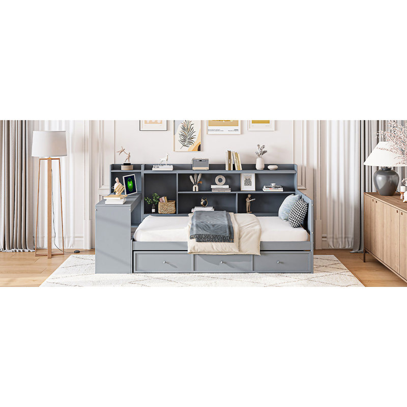 Lit de jour simple avec 3 tiroirs, ports de charge de bureau en gris - Fabrication en pin robuste pour le style de la chambre à coucher