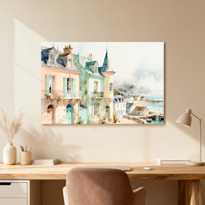 Scenic &Cityscapes Watercolor Coastal Houses And Sea View