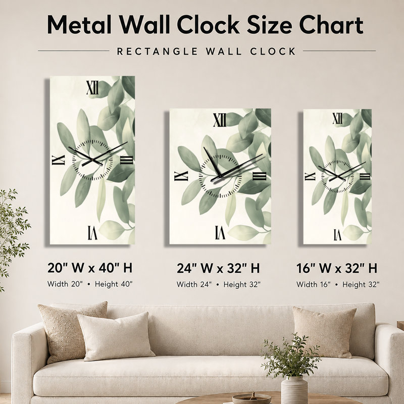 Feuilles de sauge douces I - Horloge murale silencieuse en métal de style scandinave, H 32 po x l 16 po - Rectangle