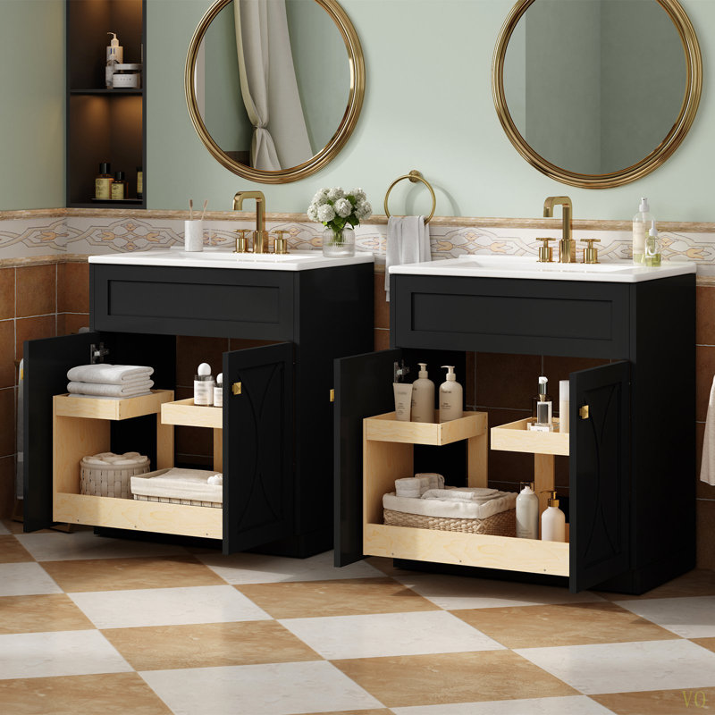 Meuble-lavabo 60 po avec lavabo en céramique, armoire de rangement autoportante moderne avec poignées, portes à fermeture douce