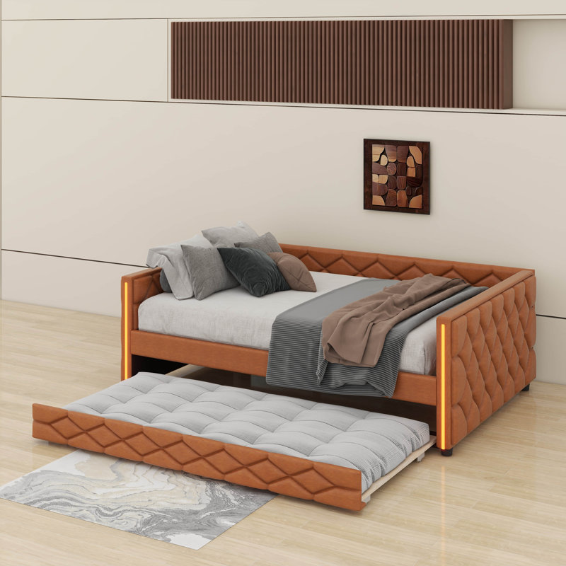 Full XL Size Upholstered Daybed With Trundle And LED, Brown