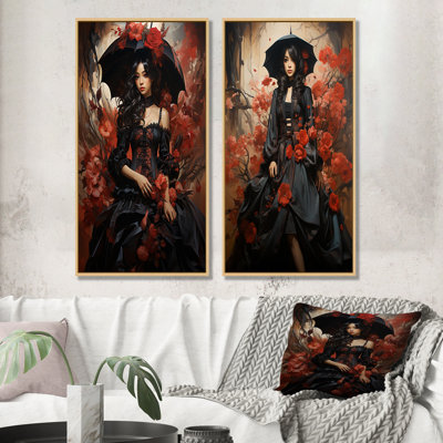 Red And Black Victorian Woman With Umbrella I - Woman Victorian Canvas Art Print Set Of 2
