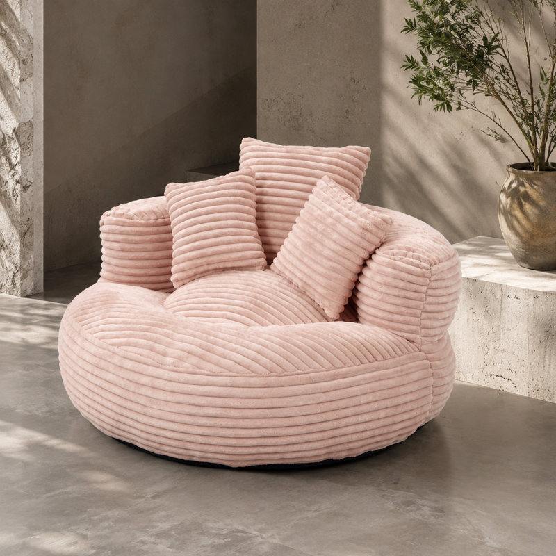 Pouf une place en velours côtelé rose avec mousse mémoire, 3 coussins et accoudoirs