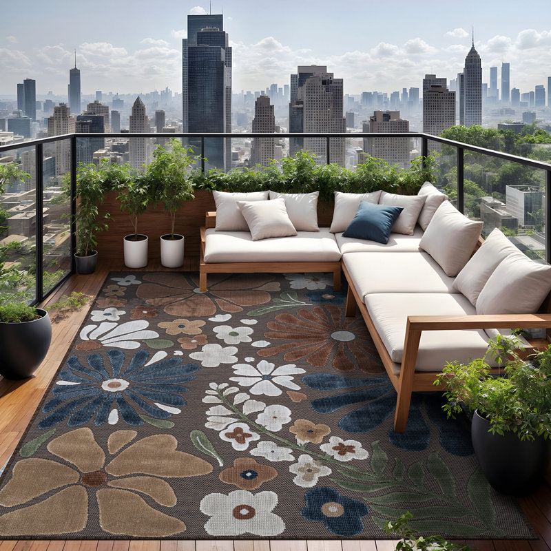 Tapis floral d'intérieur pour l'extérieur, Brown, Rectangle 6' x 9'