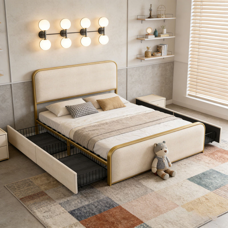 Cadre de lit en métal doré moderne, Beige/Gold, Très grand lit