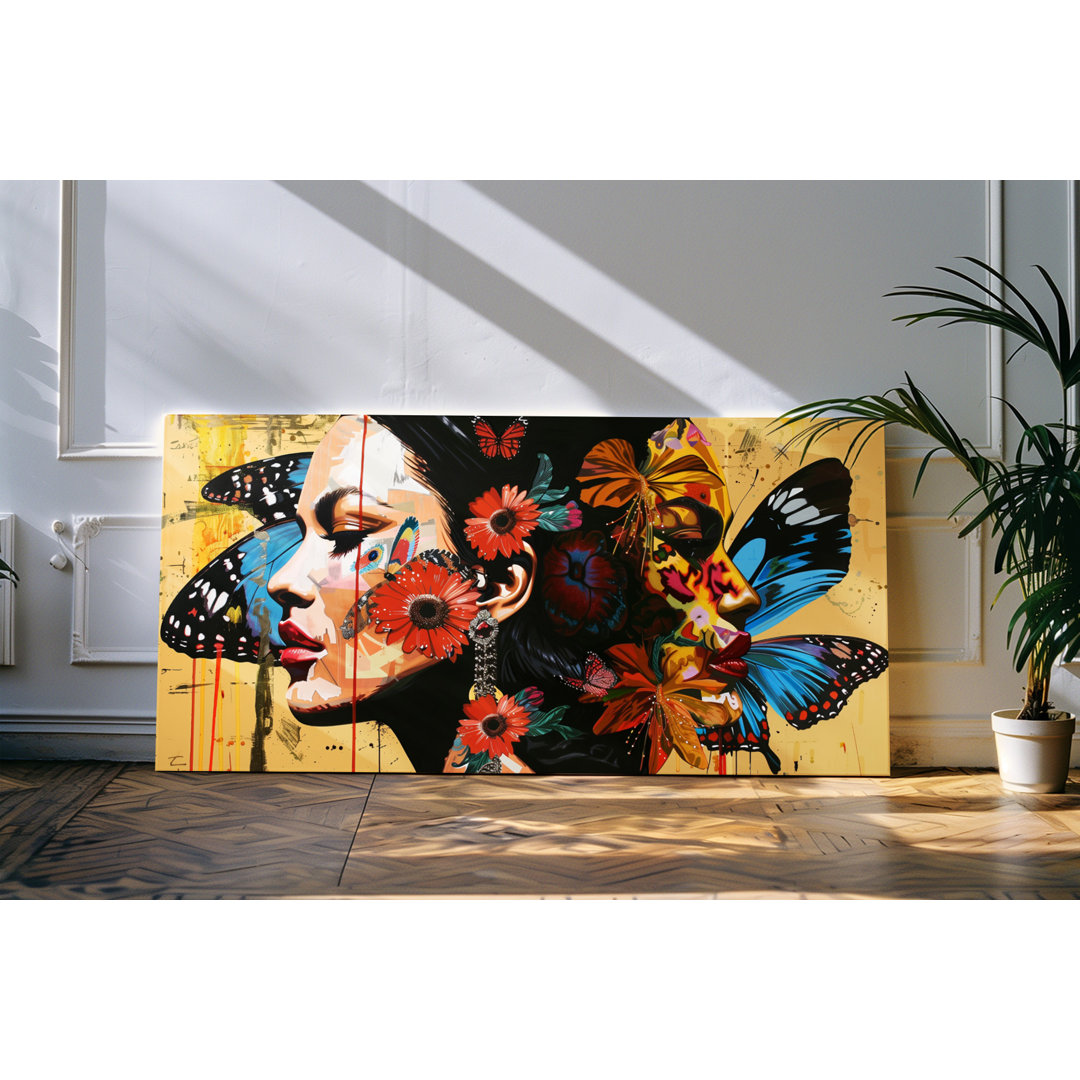 Wandbild 120x60cm Porträt von zwei jungen Frauen Kunstvoll Schmetterlinge Blumen