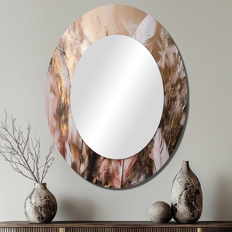 Gold Glamorous Feathers Of Boho Fantasy III - Gold Glam Oval Wall Mirror, 40" x 30"