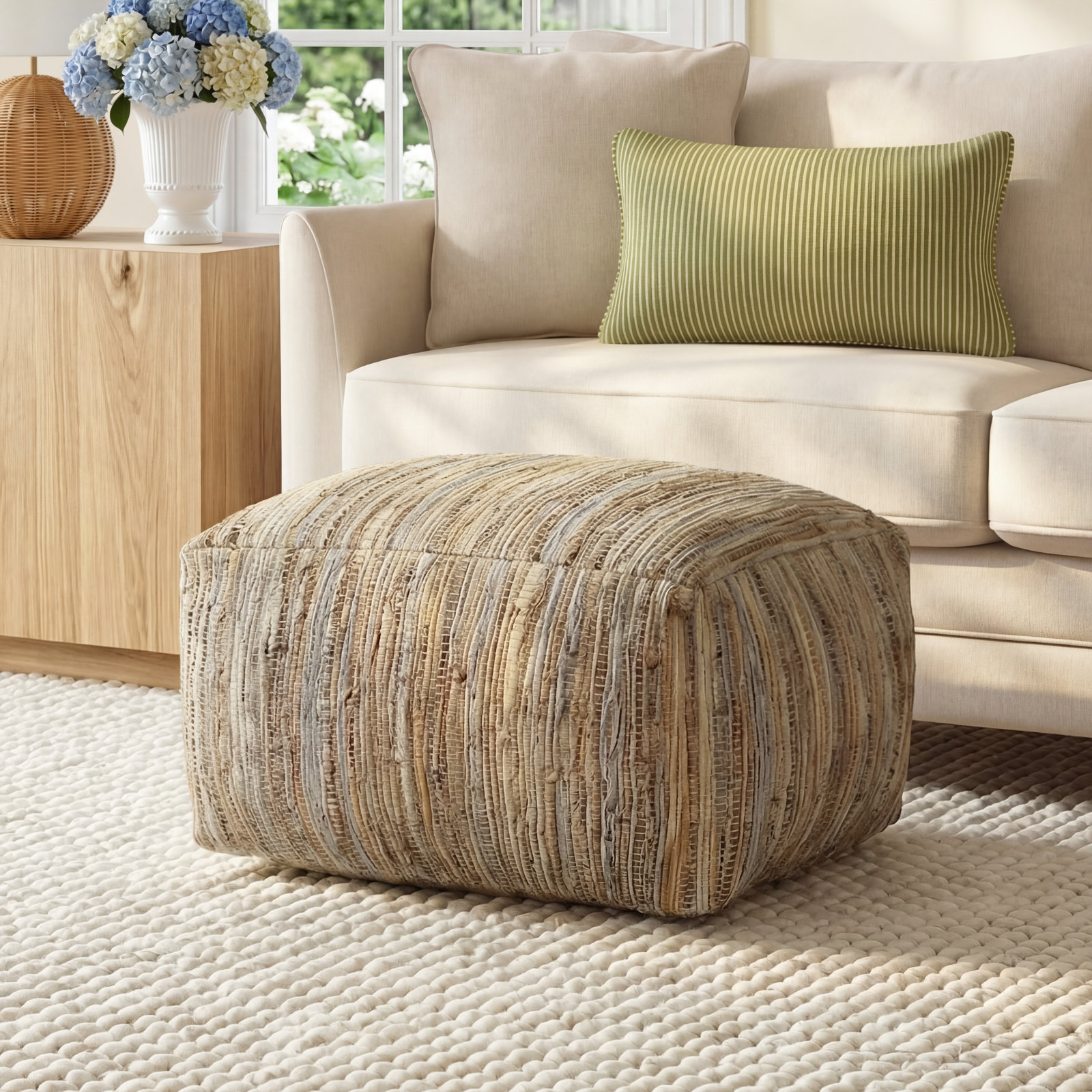 Carden Leather Pouf, Dark Green Genuine Leather