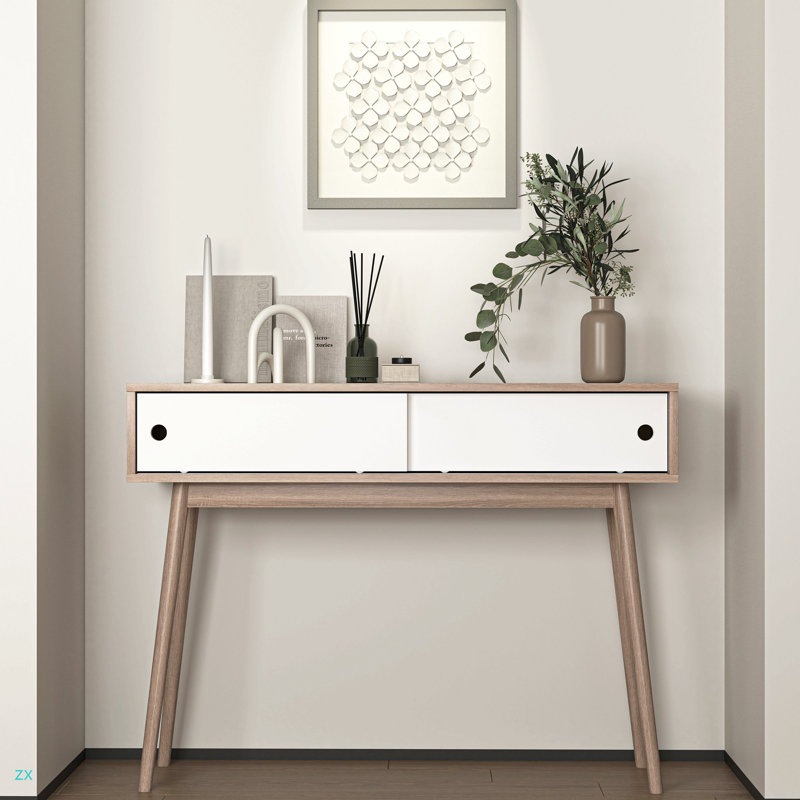 Table d'entrée avec 2 portes coulissantes, console avec espace de rangement et pieds en bois, table de canapé derrière le canapé pour le couloir, salon