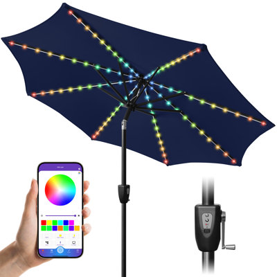 7.5 Ft Solar Umbrella, 32 COLORFUL LED Lighted Patio Umbrella,Outdoor Umbrella, Yard Umbrella, Market Umbrella With 8 Sturdy Ribs, Push Button Tilt And Crank