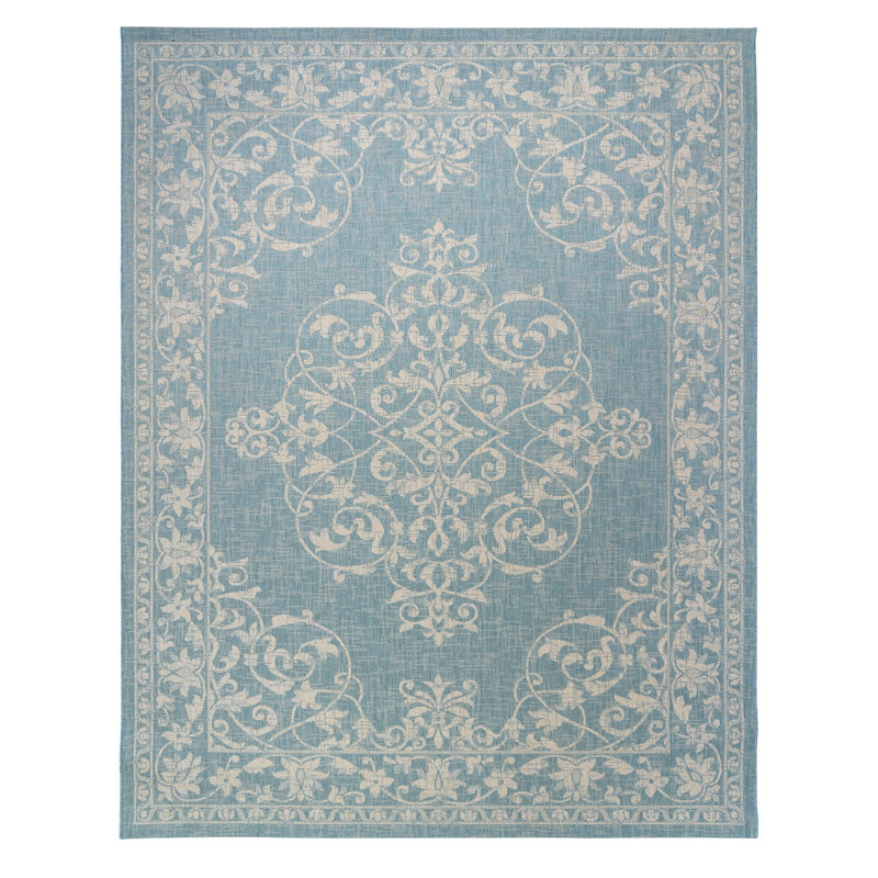 Solterra Viala Oasis Blue Cream Beige Traditional Bold Medallion Flatweave Polypropylene Indoor/ Outdoor Area Rug