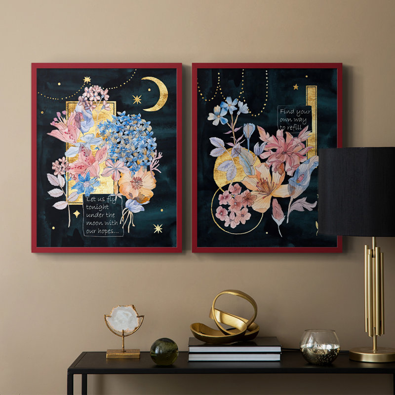 «Moonlight Flowers I», reproduction encadrée de qualité supérieure - prête à être accrochée - aucun clou requis - aucun clou requis