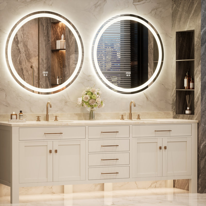 Miroir rond pour salle de bain à DEL avec horloge, température de 3 couleurs, antibuée, certifié UL, verre trempé, 36" x 36"