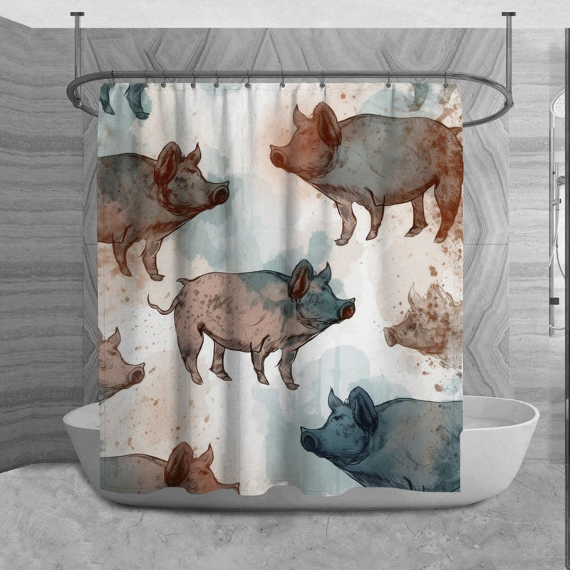 Pig Shower Curtain Animals Bathroom Décor Blue/Grey, H 73 po x l 70 po