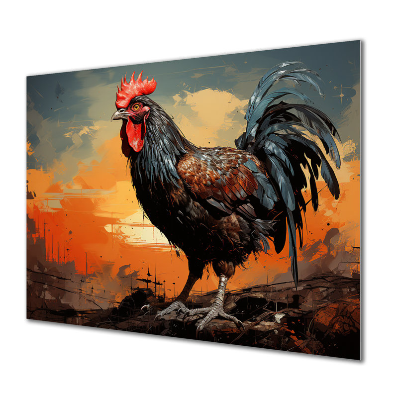 «Sunset Roosters Farmyard I», art mural coq animal en métal MT132572, H 24 po x l 32 po x P 1 po