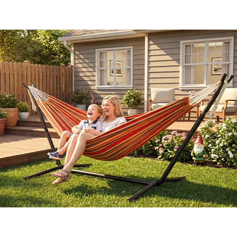  Double Canvas Hammock with Steel Stand with Storage Bag for Indoor/Outdoor Garden, Patio, Deck, Yard & Balcony, Blue, Red