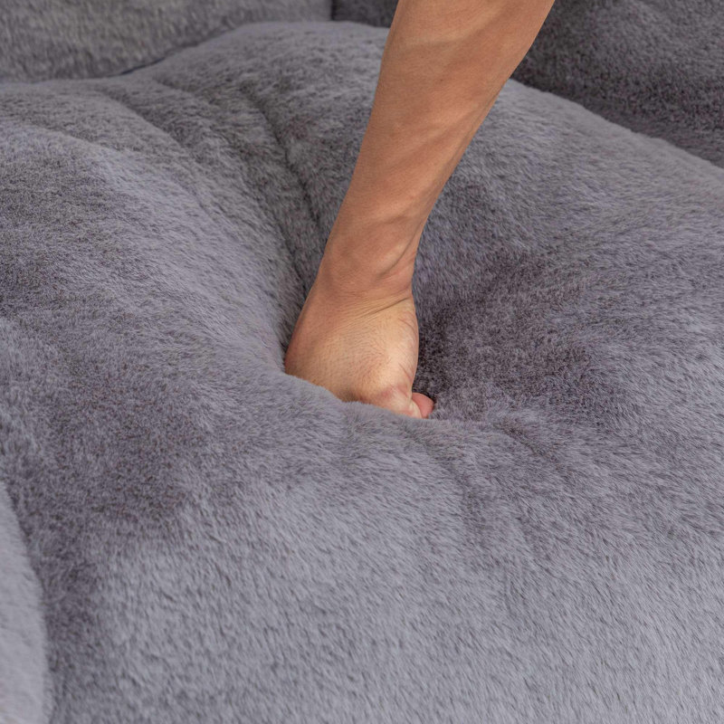 Fauteuil à billes avec dossier et repose-pieds, Fausse fourrure grise foncée