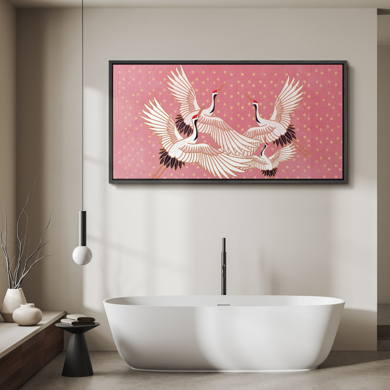 «Bright Preppy Animals Elegant Cranes In Flight», reproduction sur toile encadrée, H 30 po x l 60 po, Noir, noir, noir, noir