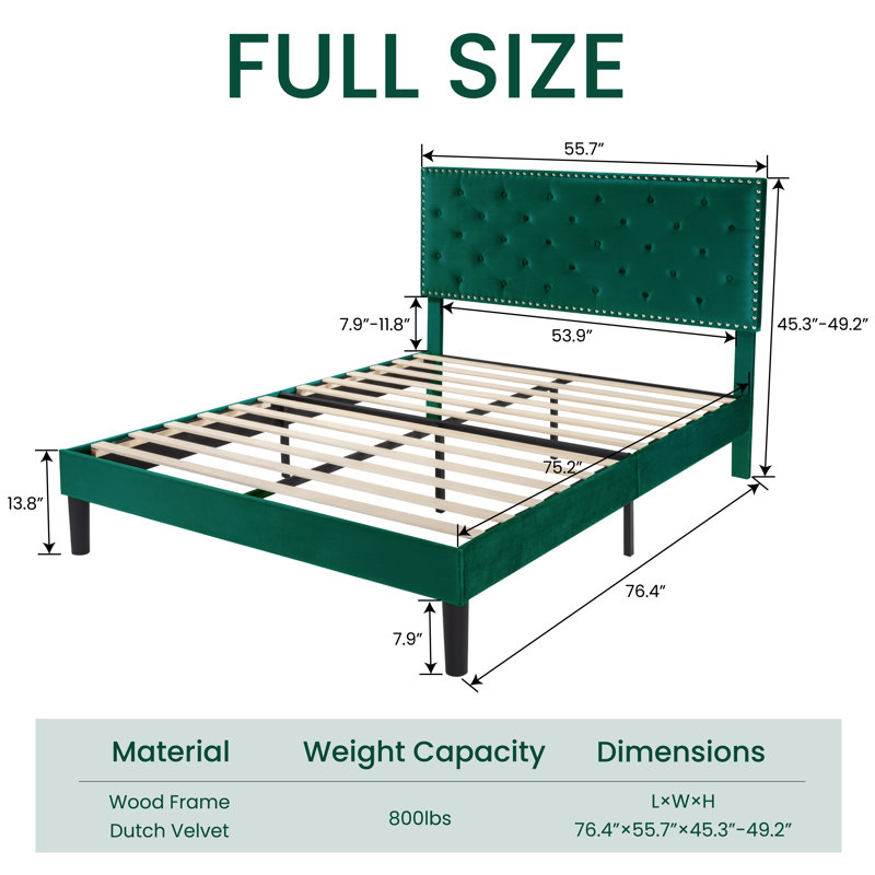 Aleiny Velvet Bed with Adjustable Upholstered Headboard, Full, Green