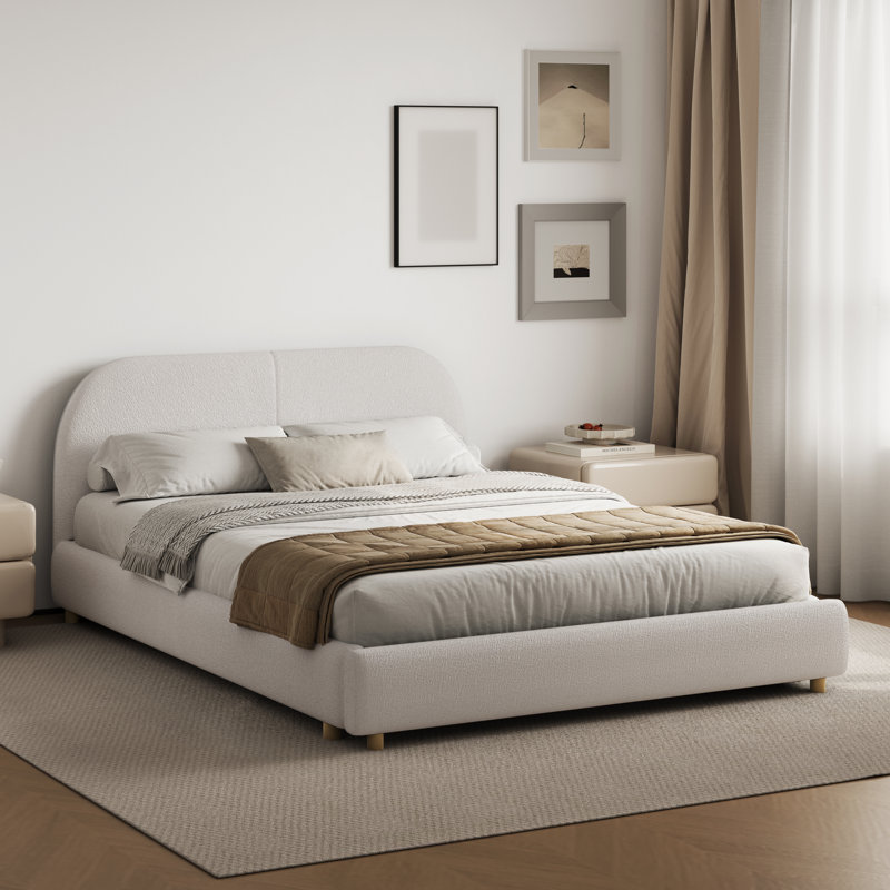 Structure de lit rembourrée avec tête de lit courbée Boucle, style minimaliste moderne, Grand lit, Beige