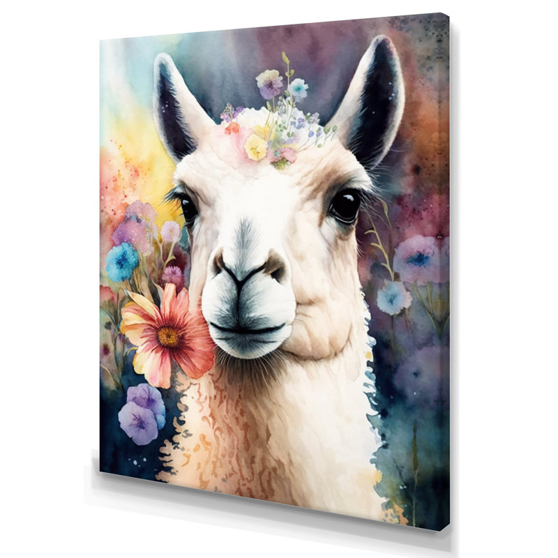 Portrait d'un lama avec des eurs, H 20 po x l 12 po x P 1 po, Toile tendue