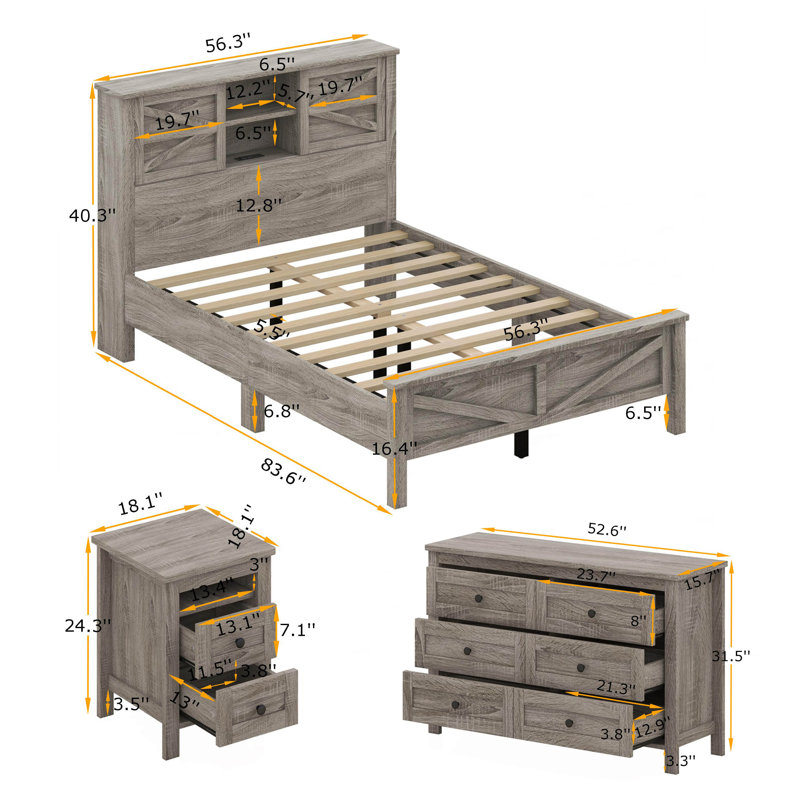 Ensemble de lit de ferme 3 pièces avec tête de lit double, porte de chevet et commode Jarrid, Gris antique