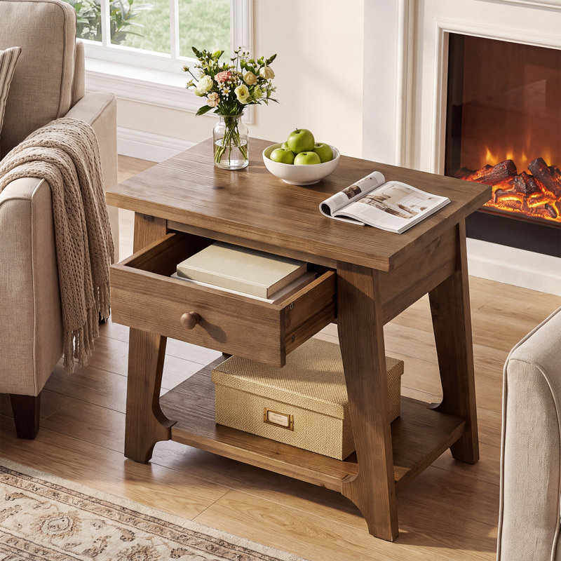 Solid Wood Side Table with Drawer and Storage Shelf