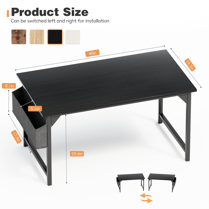 Bureau d'écriture en métal, Noir, H 29,6 po x l 48 po x P 19,7 po
