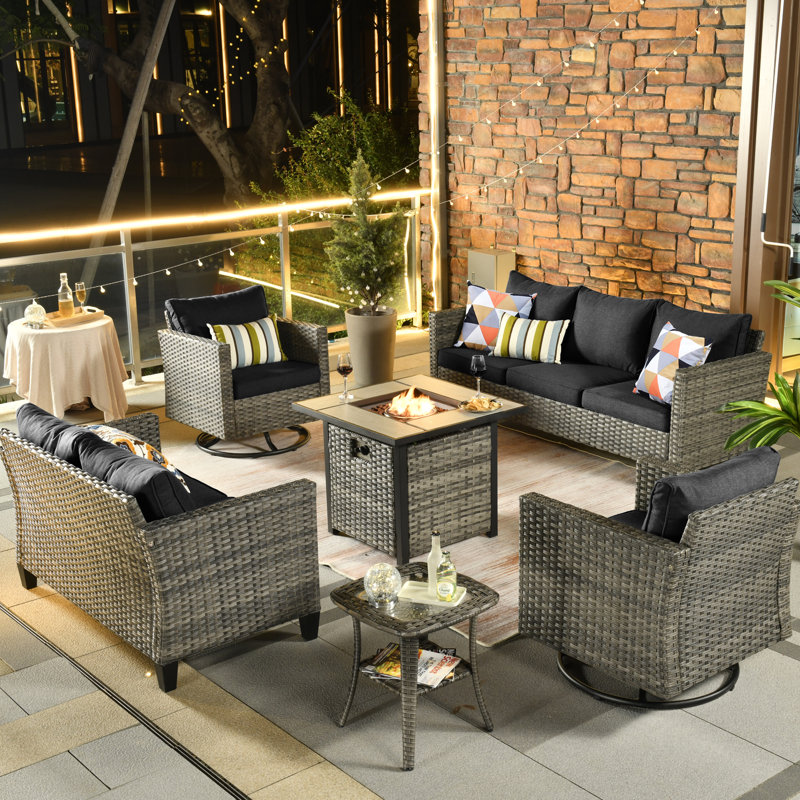 Lovall Rattan Wicker 7 - Person Seating Group with Fire Pit and Cushions, Black
