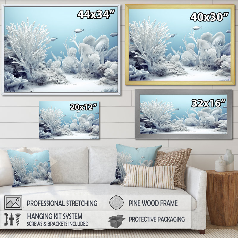 Coastal White Coral Serenity - Coastal Coral Under Water, art mural, 34" H x 44" W x 1.5" D, Cadre blanc