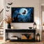 «Witch on Broomstick Over Gothic City Under Full Halloween», art mural sur toile-1388779933