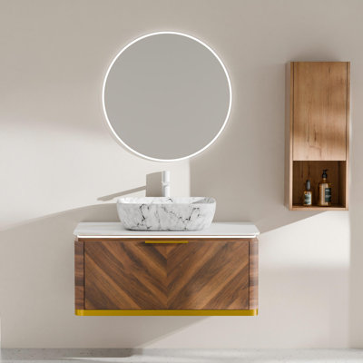 Absher 36'' Walnut Floating Bathroom Vanity With Rectangular Marble Sink, Sensor LED & Drawer