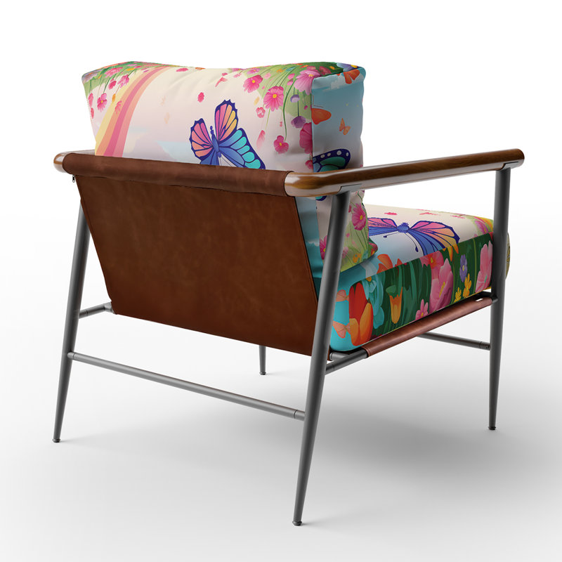 Mauve Butterfles Paradise Rainbow Flowerfield III - Fauteuil rembourré Boho, fauteuil d'appoint Butterfly Art, Noir