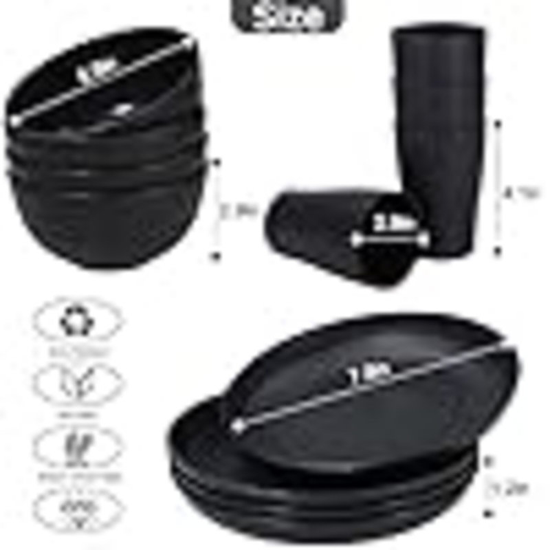 12Pcs Kids Wheat Straw Dinnerware Sets, Wheat Straw Plates And Bowls Set For 4 Microwave Safe, Black