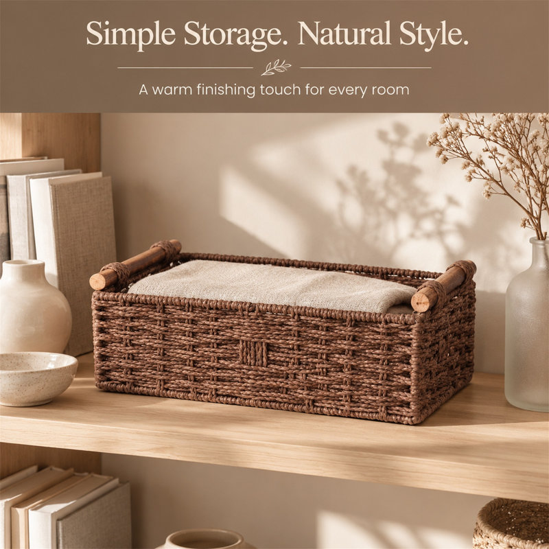 Panier de rangement en corde de papier tressée avec poignée, panier décoratif pour réservoir de toilette, petit panier brun pour salle de bain et décoration intérieure
