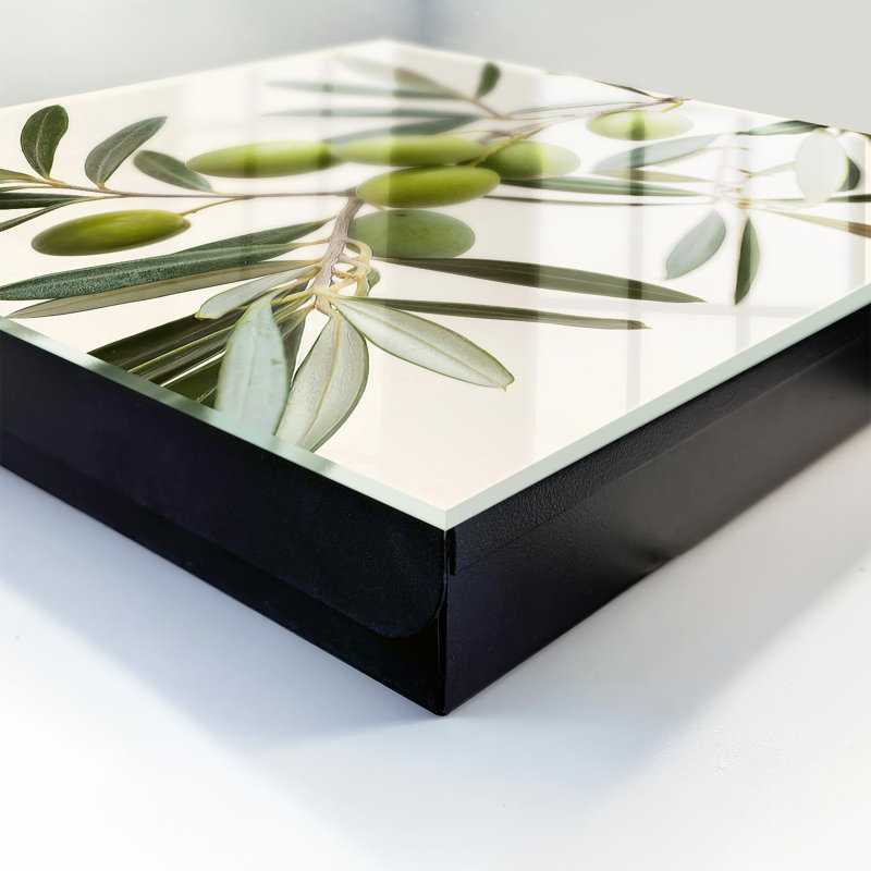 Wall mounted key box, Opens to the right, 30x30x5, Black, Olive branch and green olives on a cream background, 