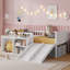 Lit simple mezzanine bas avec glissade, bibliothèque mobile et garde-corps, cadre de lit mezzanine pour enfants, blanc-535096704