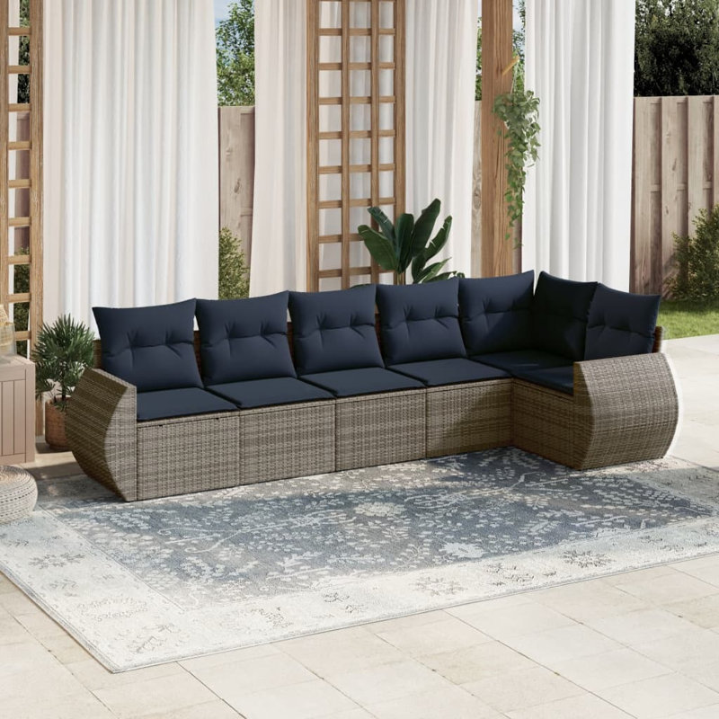 7 Piece Patio Sofa Set With Cushions Poly Rattan, Navy Blue Cushion/Gray Frame