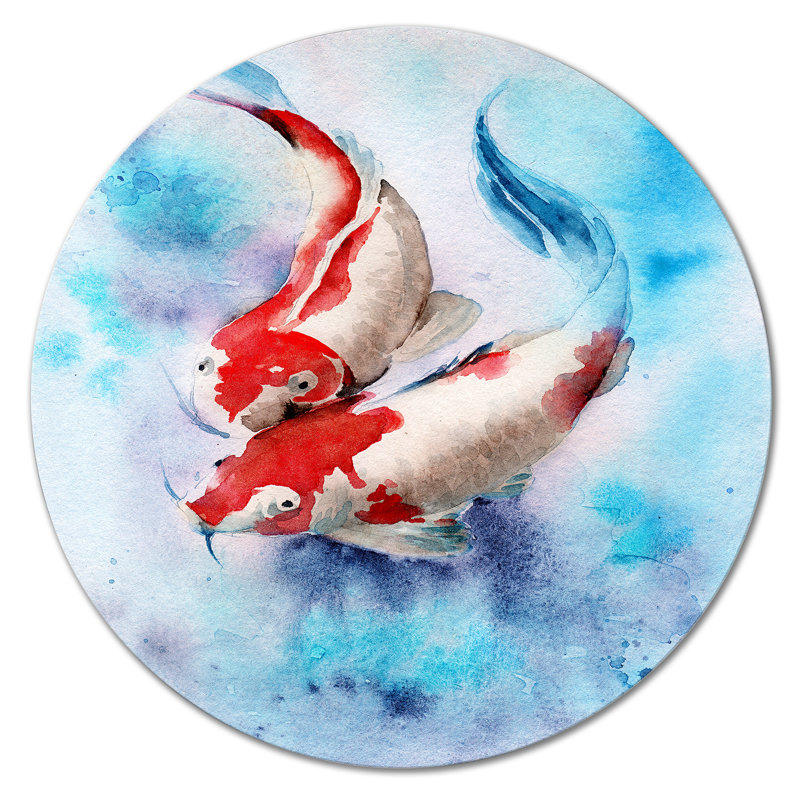 Deux poissons Koi. Taches rouges dans une eau bleue transparente - peinture sans cadre sur métal
