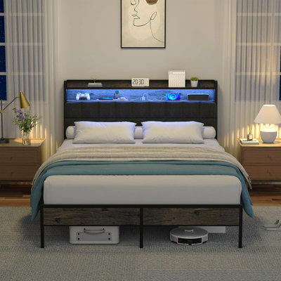 Structure de lit double, tête de lit ergonomique avec rangement multi-espace, cadre de lit avec station de charge lumières à DEL RVB