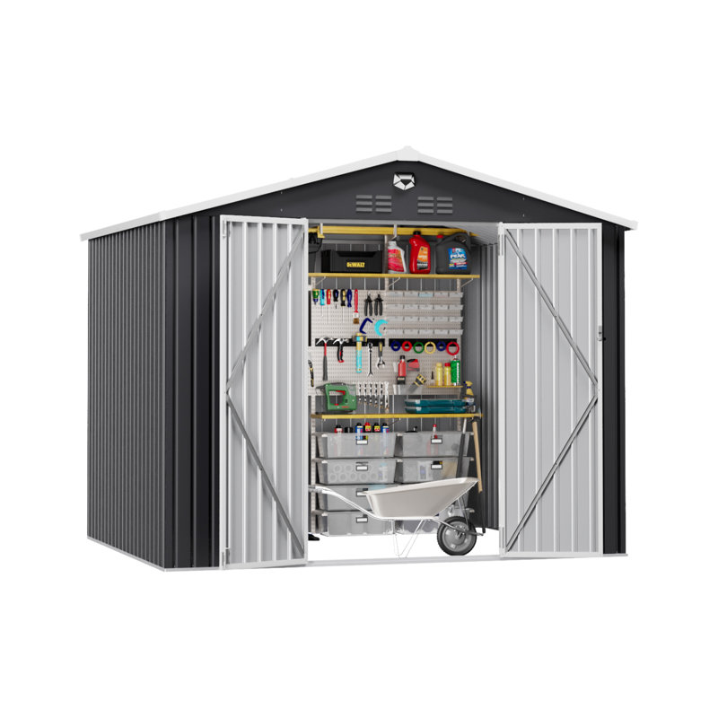 10 Ft. W x 8 Ft. D Galvanized Steel Frame Metal Storage Shed with Dual Lighting (Solar & Handheld) - Black, Black