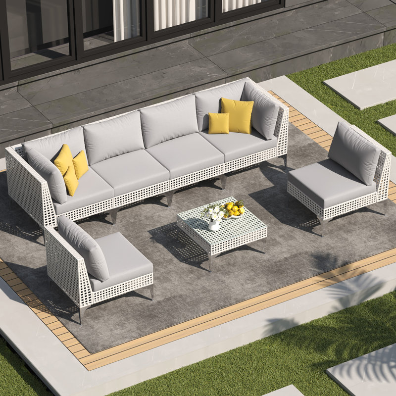 6-Person Outdoor Wicker Modular Furniture Sectional Seating Group with Cushions & Coffee Table, L-Shaped/U-Shaped Patio Conversation Set