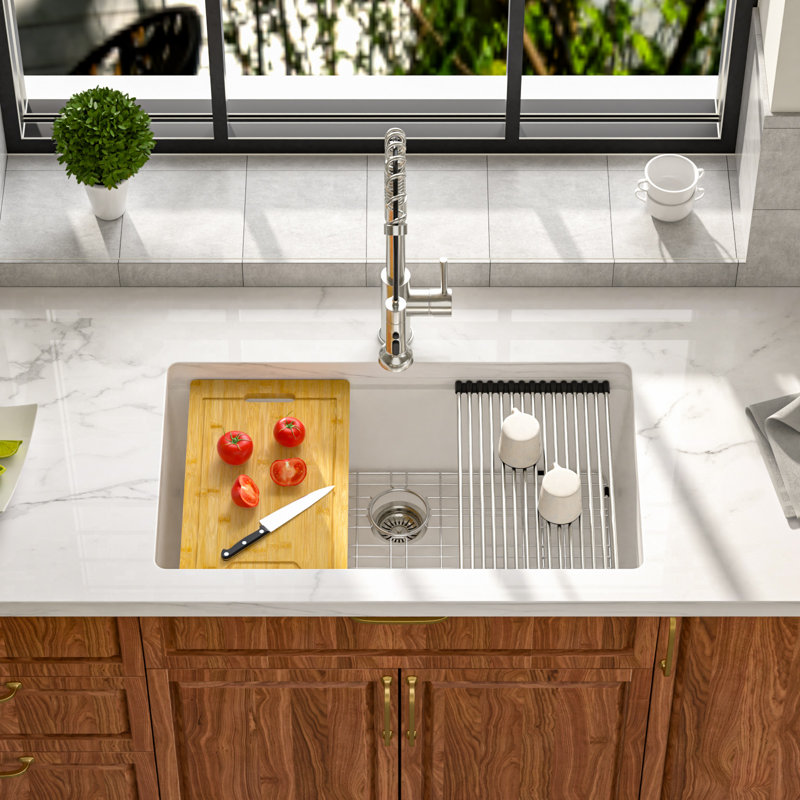 Quartz 33" x 19" Undermount Workstation Kitchen Sink Quartz Single Bowl Kitchen Sink Granite Sink, White/Yellow