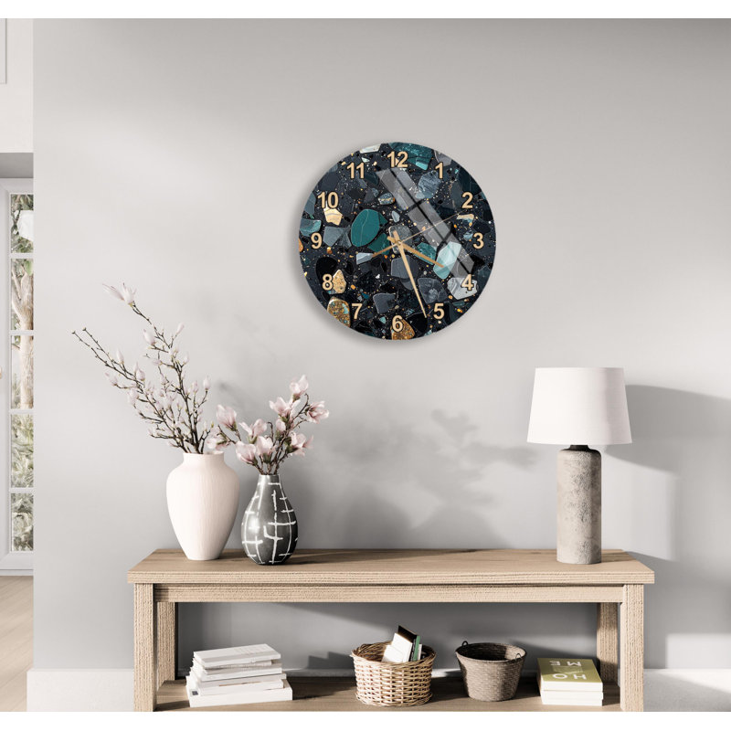 Horloge murale Terrazzo, art en pierre abstrait moderne, décor de verre trempé or noir, grande montre ronde, cadeau de salon mosaïque industrielle