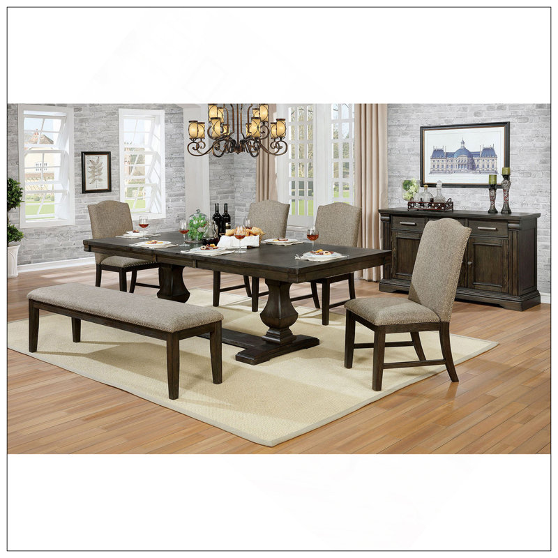 Table de salle à manger contemporaine en bois massif gris espresso  , 6 pièces: table, banc, 4 chaises