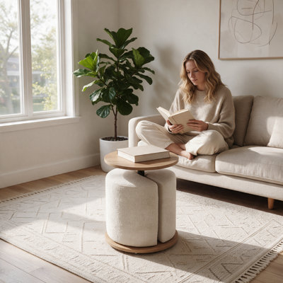 Table d'appoint ronde en placage de chêne avec repose-pieds dissimulé en tissu Teddy, table de bout de 17,3 po de diamètre avec siège escamotable, mobilier d'appoint peu encombrant pour le salon et la chambre à coucher