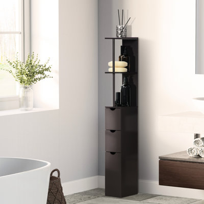 54" Tall Freestanding Bathroom Storage, Linen Tower With 2 Shelf And Drawers, Narrow Space Saving Organizer, Brown Storage Unit, Cabinet,