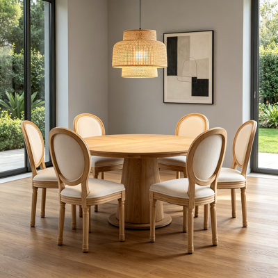 Ensemble de 6 chaises de salle à manger French Farmhouse - Structure en bois massif avec finition antique, dossier et siège rembourrés en lin confortable, mousse à haute résilience + coussins à ressorts pour un soutien toute la journée, chaises d'appoint rustiques pour la cuisine, le salon et le café