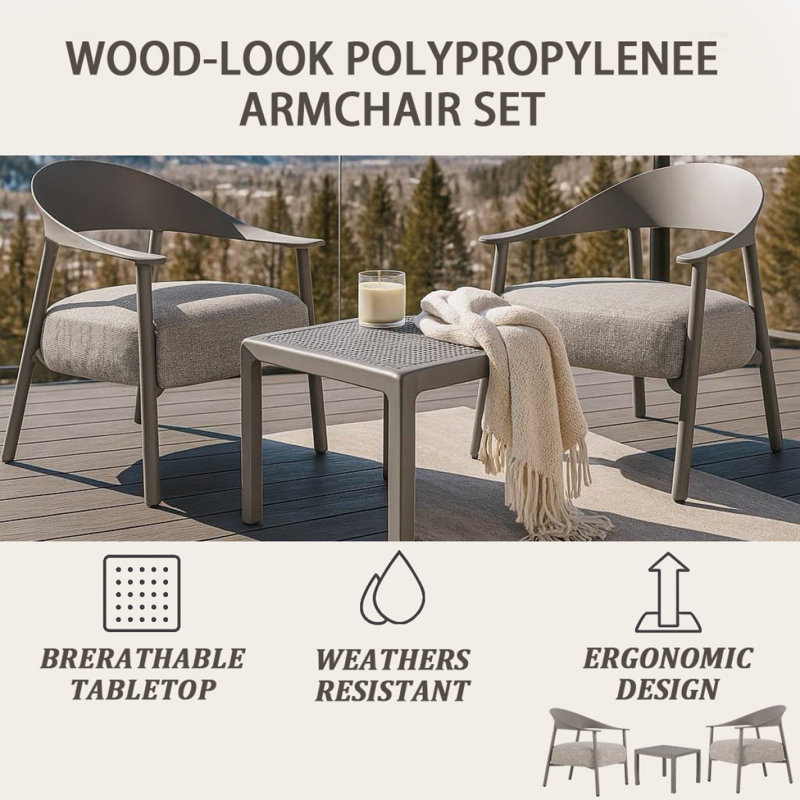 Ensemble de chaises d'appoint modernes 2 pièces avec table basse - Ensemble de canapé en PP et cadre en acier gris chaud, sièges rembourrés pour le salon, le salon et le balcon (2 chaises + 1 table)